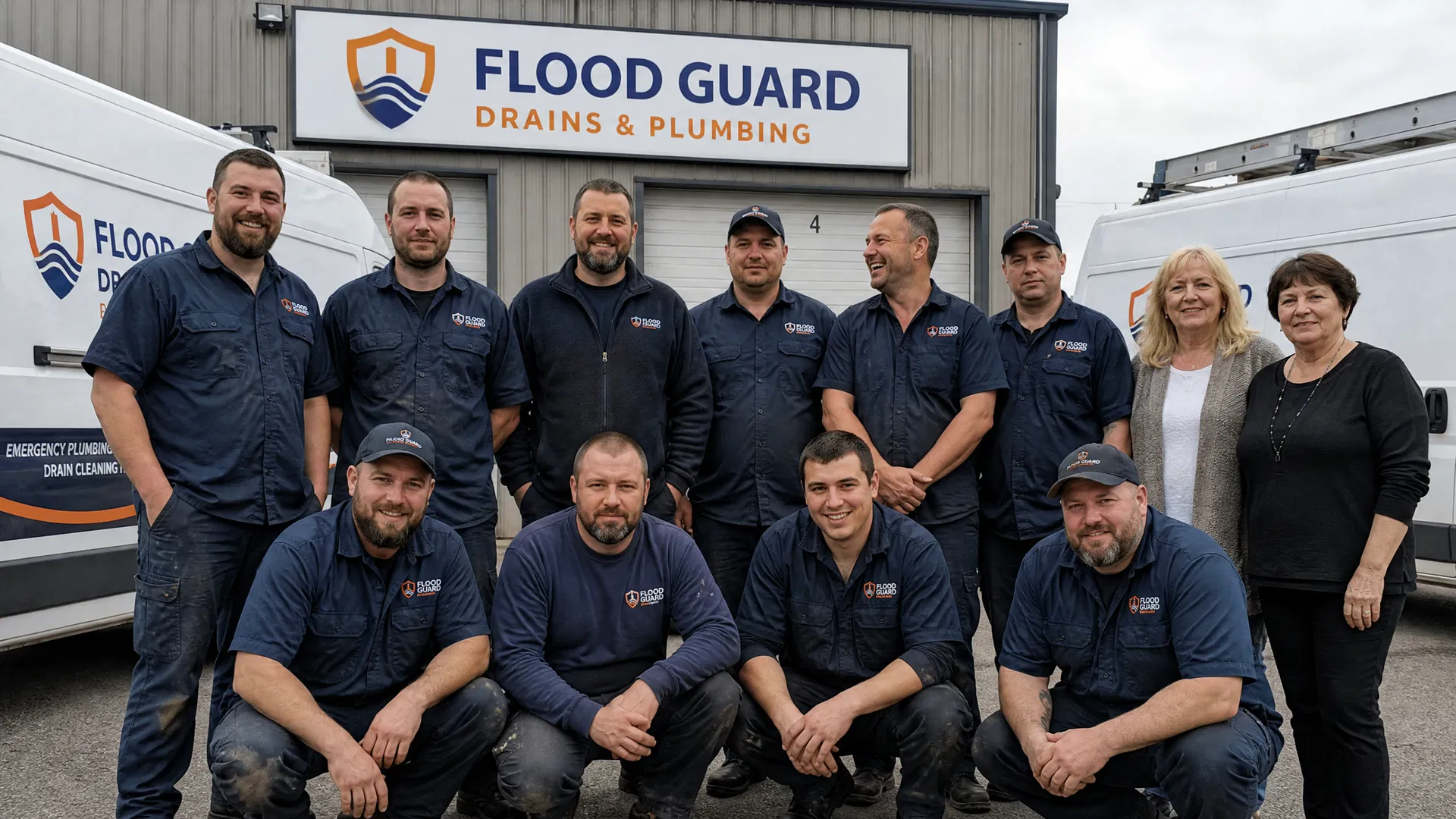 Flood Guard crew and office staff beside branded vans at the Toronto garage